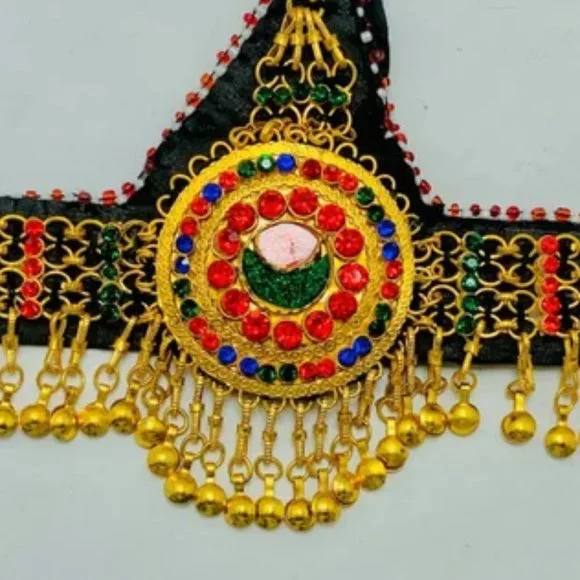 Golden Afghan Matha Patti With Multicolor Glass Stones  display picture 2
